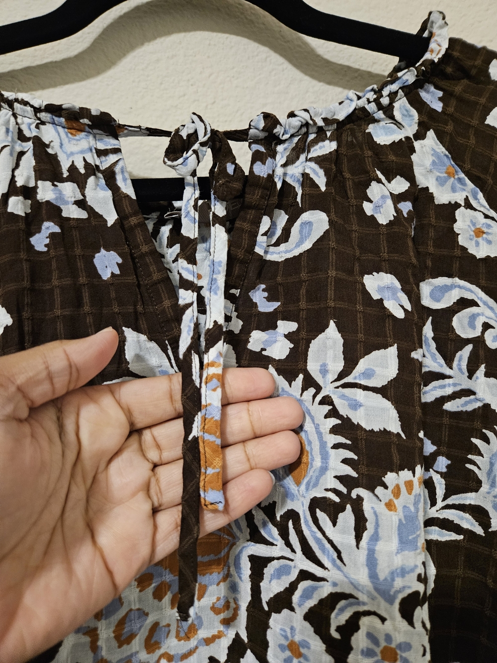 LOFT Brown Floral Peasant Top with Blue and Cream Blooms - Picture 2 of 6